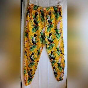 Birds Of Paradise Satin Yellow Drawstring Beach Jogger Pants Lounge Wear Sz L